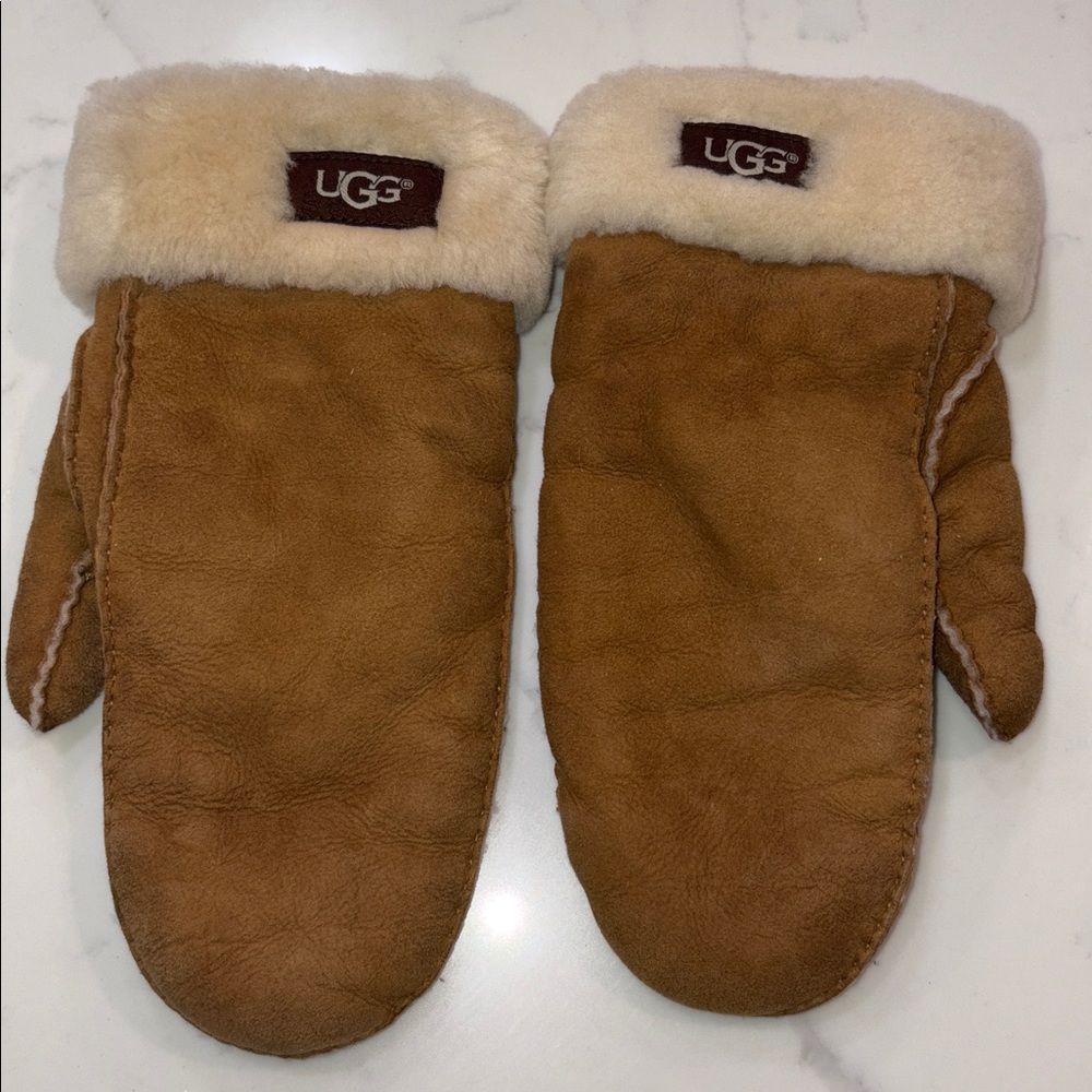 UGG Tan Shearling Mittens with Cream Cuffs